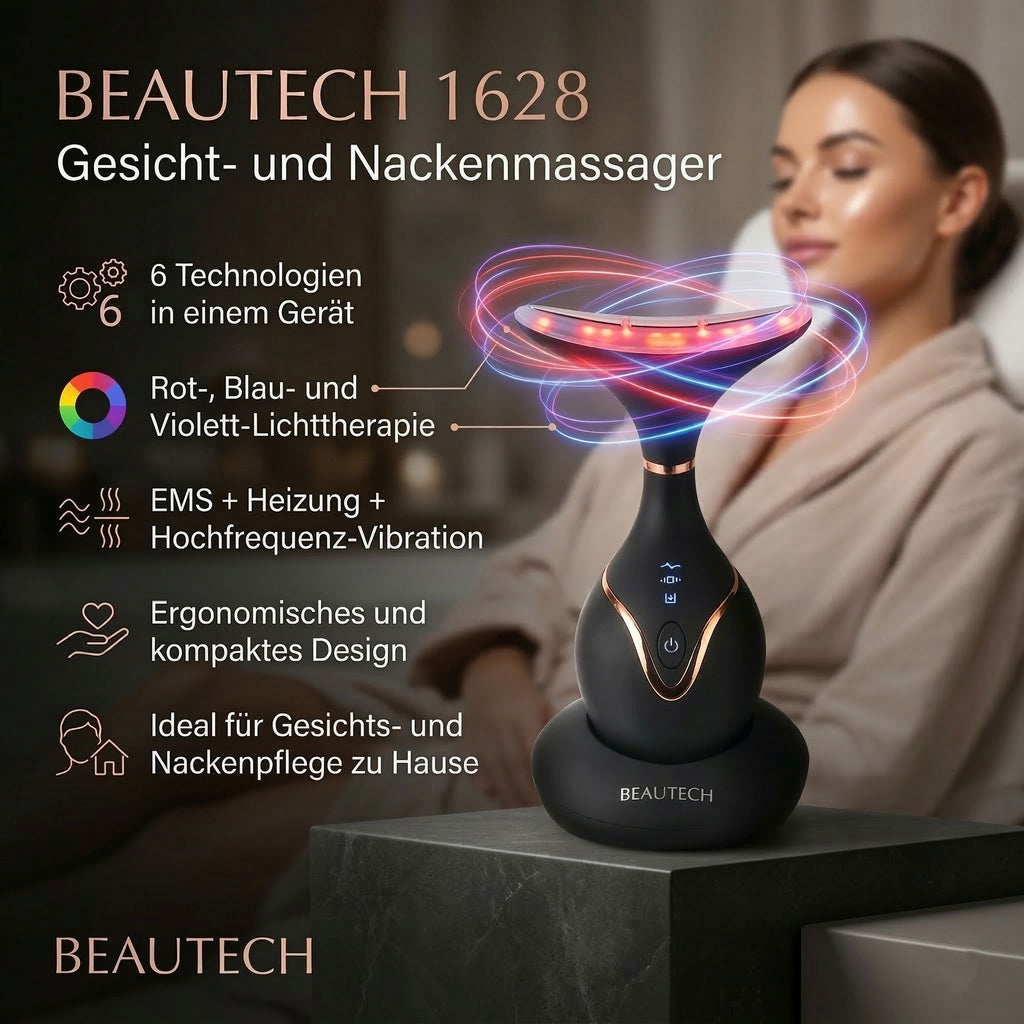 BEAUTECH Gesichts und Halsbehandlungs massagegerät, mit Nano-Lichttherapie, 1640 mAh, Schwarz