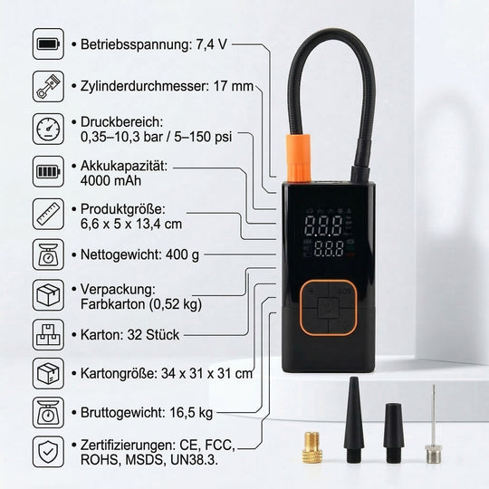 Kabelloser Mini-Luftkompressor 150 PSI, Tragbare Elektrische Luftpumpe 7,4V mit 4000mAh Akku