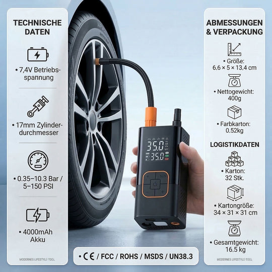 Kabelloser Mini-Luftkompressor 150 PSI, Tragbare Elektrische Luftpumpe 7,4V mit 4000mAh Akku