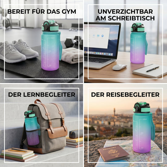 LIVMORE Komfort Trinkflasche mit Trinkhalm und Trageschlaufe, 500 ml, Scwharz