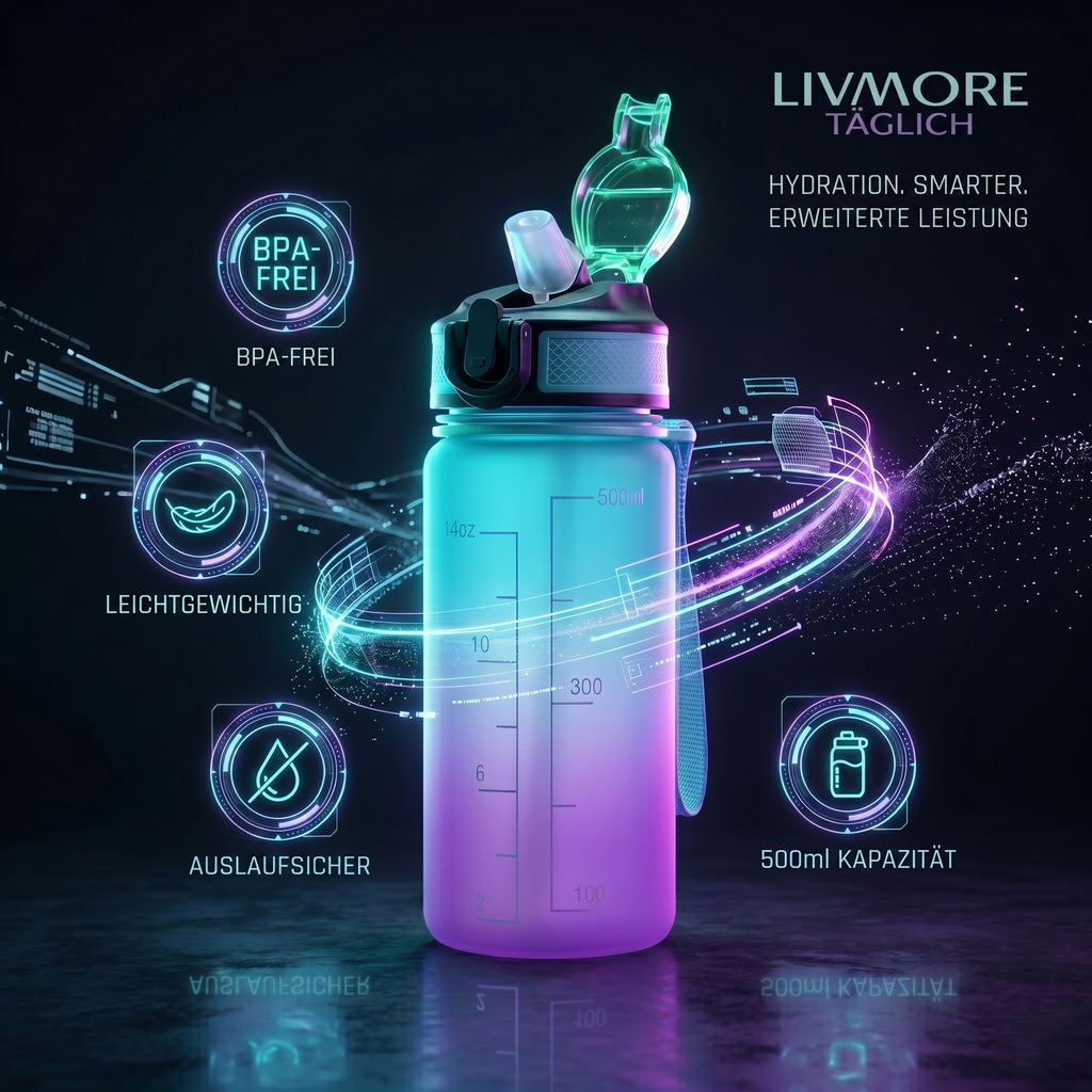 LIVMORE Komfort Trinkflasche mit Trinkhalm und Trageschlaufe, 500 ml, Türkis Lila Ombre