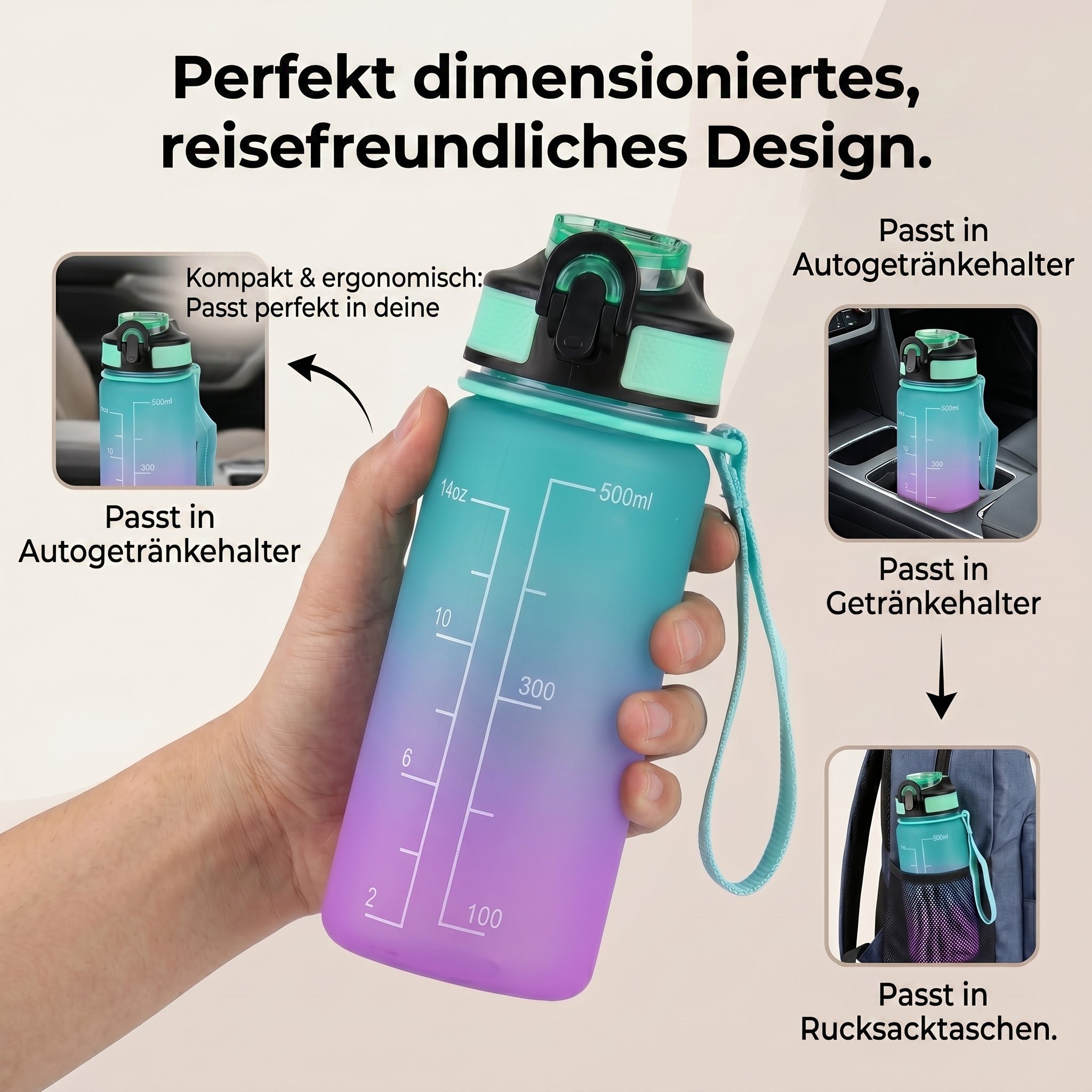 LIVMORE Komfort Trinkflasche mit Trinkhalm und Trageschlaufe, 500 ml, Türkis Lila Ombre