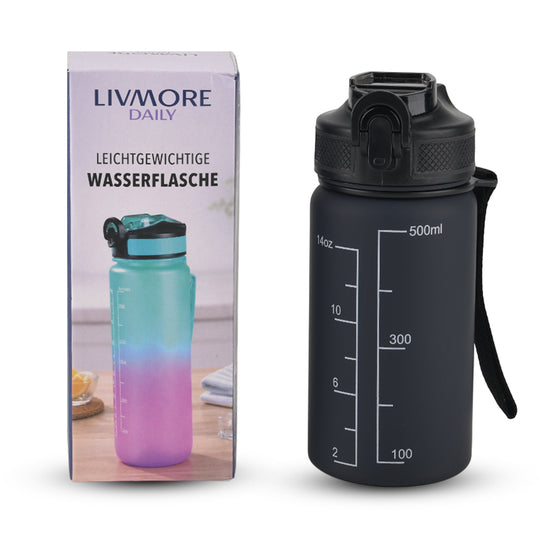LIVMORE Komfort Trinkflasche mit Trinkhalm und Trageschlaufe, 500 ml, Scwharz