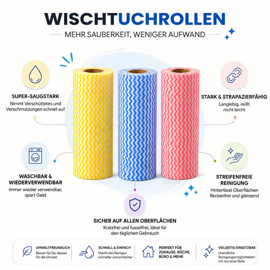 LIVMORE 3er Set Reinigungstuchrollen, Polyester, je 20 x 40 cm, Mehrfarbig
