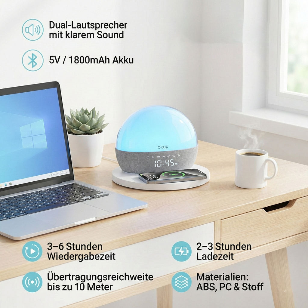 Audio Gerät mit Bluetooth und LED Ambient Licht, 24 White Noise Sounds, Wecker mit Sonnenaufgang und Sonnenuntergang, FM Radio, kabelloses Laden 15W, USB TF Funktion, 10 m Reichweite