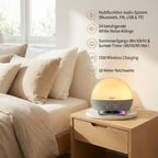 Audio Gerät mit Bluetooth und LED Ambient Licht, 24 White Noise Sounds, Wecker mit Sonnenaufgang und Sonnenuntergang, FM Radio, kabelloses Laden 15W, USB TF Funktion, 10 m Reichweite
