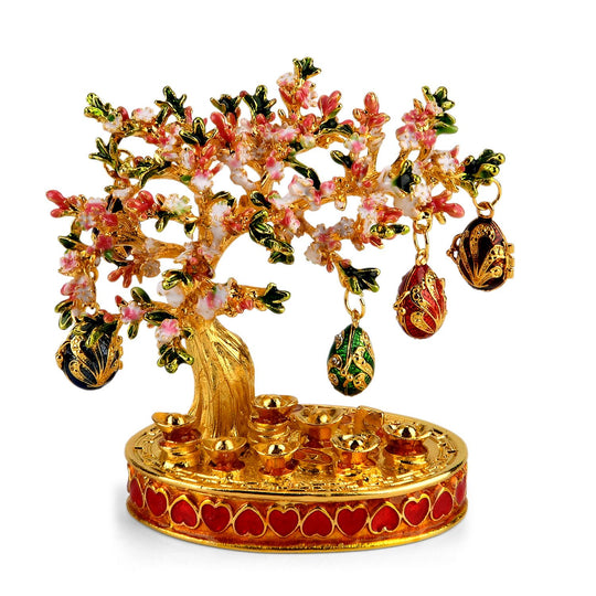 Eleganter goldfarbener Schmuckhalter in Baumform mit rosa Kristallen und dekorativen eiförmigen Anhängern, Größe 8,5x4,5x9cm - Rot