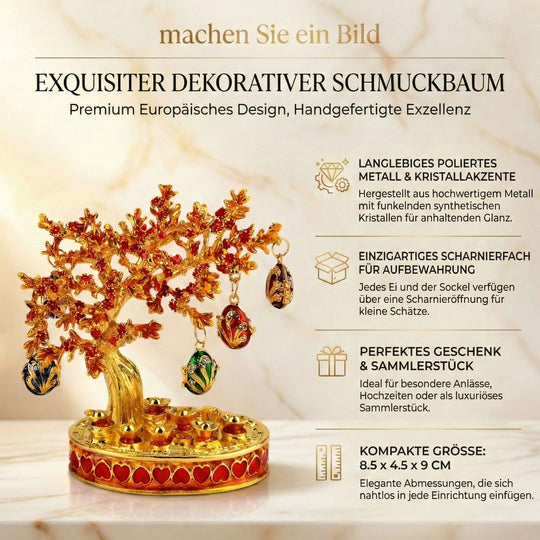 Eleganter goldfarbener Schmuckhalter in Baumform mit rosa Kristallen und dekorativen eiförmigen Anhängern, Größe 8,5x4,5x9cm - Rot