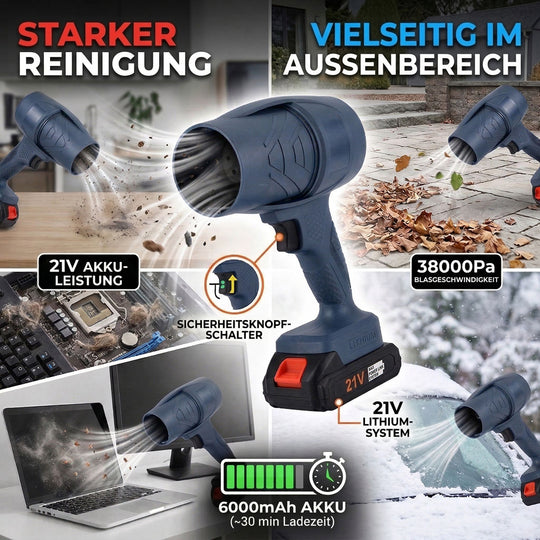 Leistungsstarker Akku Laubbläser 21 V 300 W 38000 Pa mit Lithium Akku, Schwarz