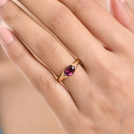 D'Joy - Kronenfassung AA Natürlicher Rhodolith Granat Ring 925 Silber 750 Gelb Vergoldet (Größe 20.00) ca. 1.65 ct