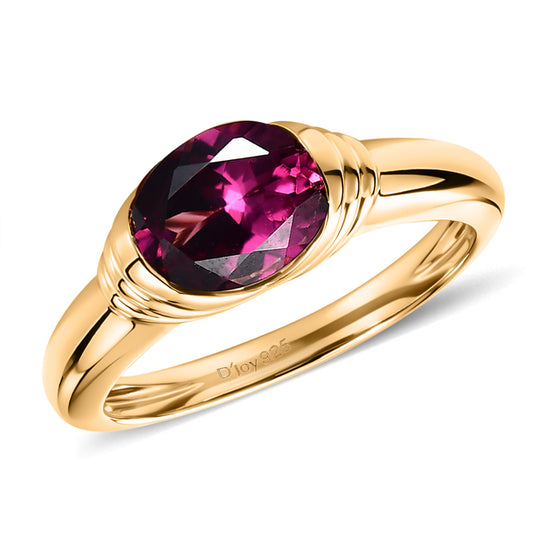 D'Joy - Kronenfassung AA Natürlicher Rhodolith Granat Ring 925 Silber 750 Gelb Vergoldet (Größe 20.00) ca. 1.65 ct