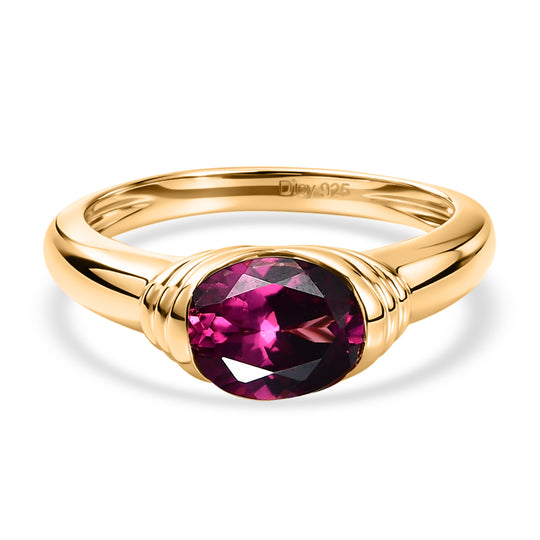 D'Joy - Kronenfassung AA Natürlicher Rhodolith Granat Ring 925 Silber 750 Gelb Vergoldet (Größe 20.00) ca. 1.65 ct