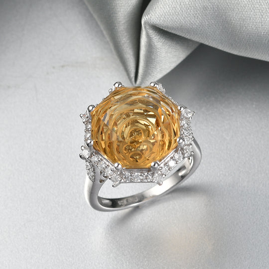 D'Joy Citrin, Moissanit Ring 925 Silber Rhodiniert (Größe 20.00) ca. 13,66 ct
