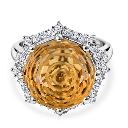 D'Joy Citrin, Moissanit Ring 925 Silber Rhodiniert (Größe 20.00) ca. 13,66 ct