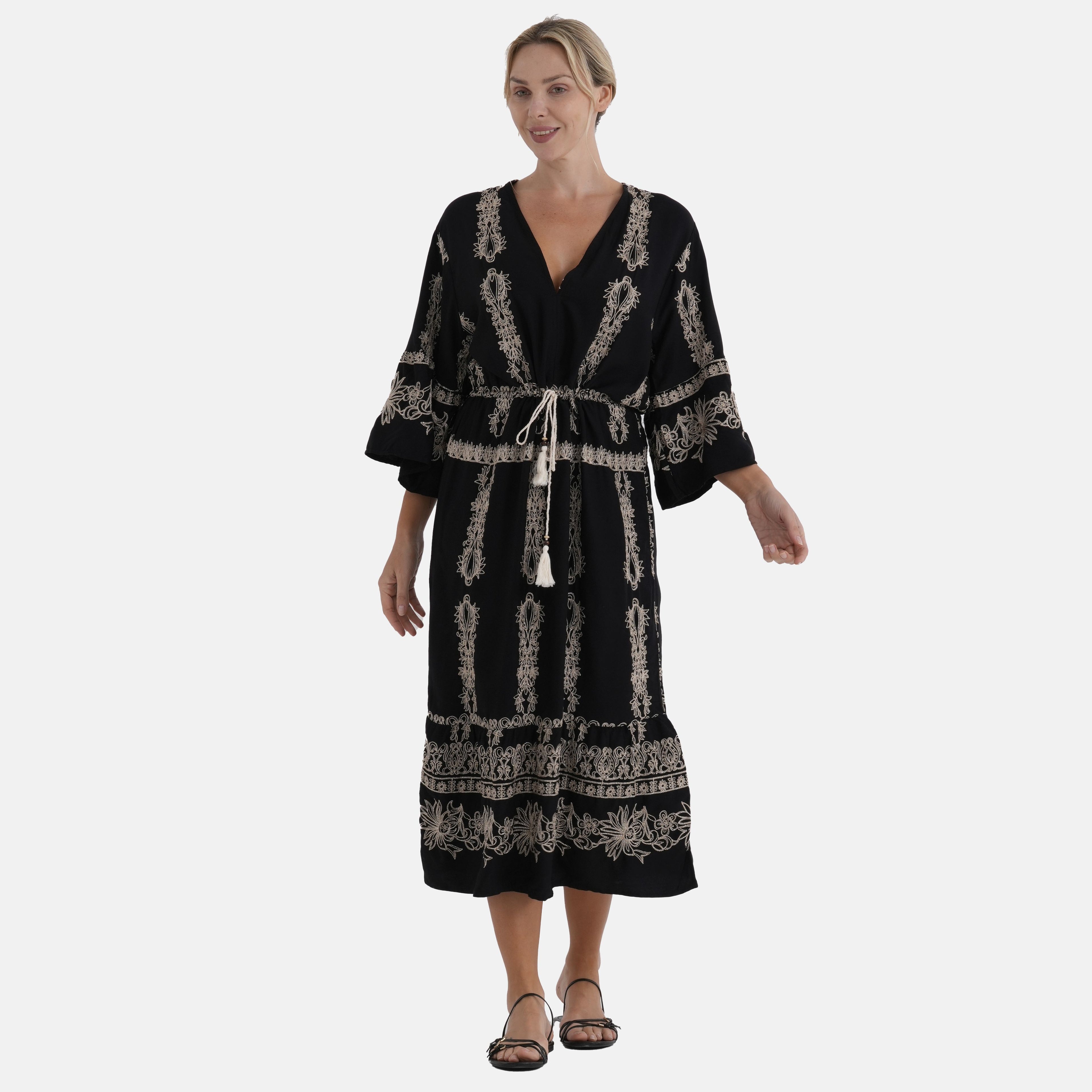 LA MAREY Baumwollkleid mit V Ausschnitt und elastischer Taille, Printdesign, Beige