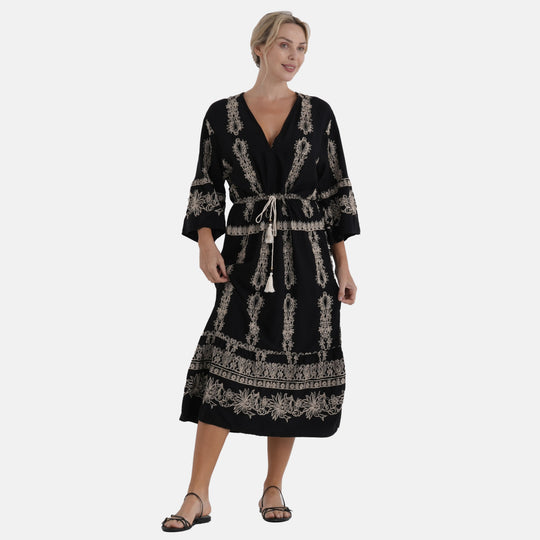 LA MAREY Baumwollkleid mit V Ausschnitt und elastischer Taille, Printdesign, Beige
