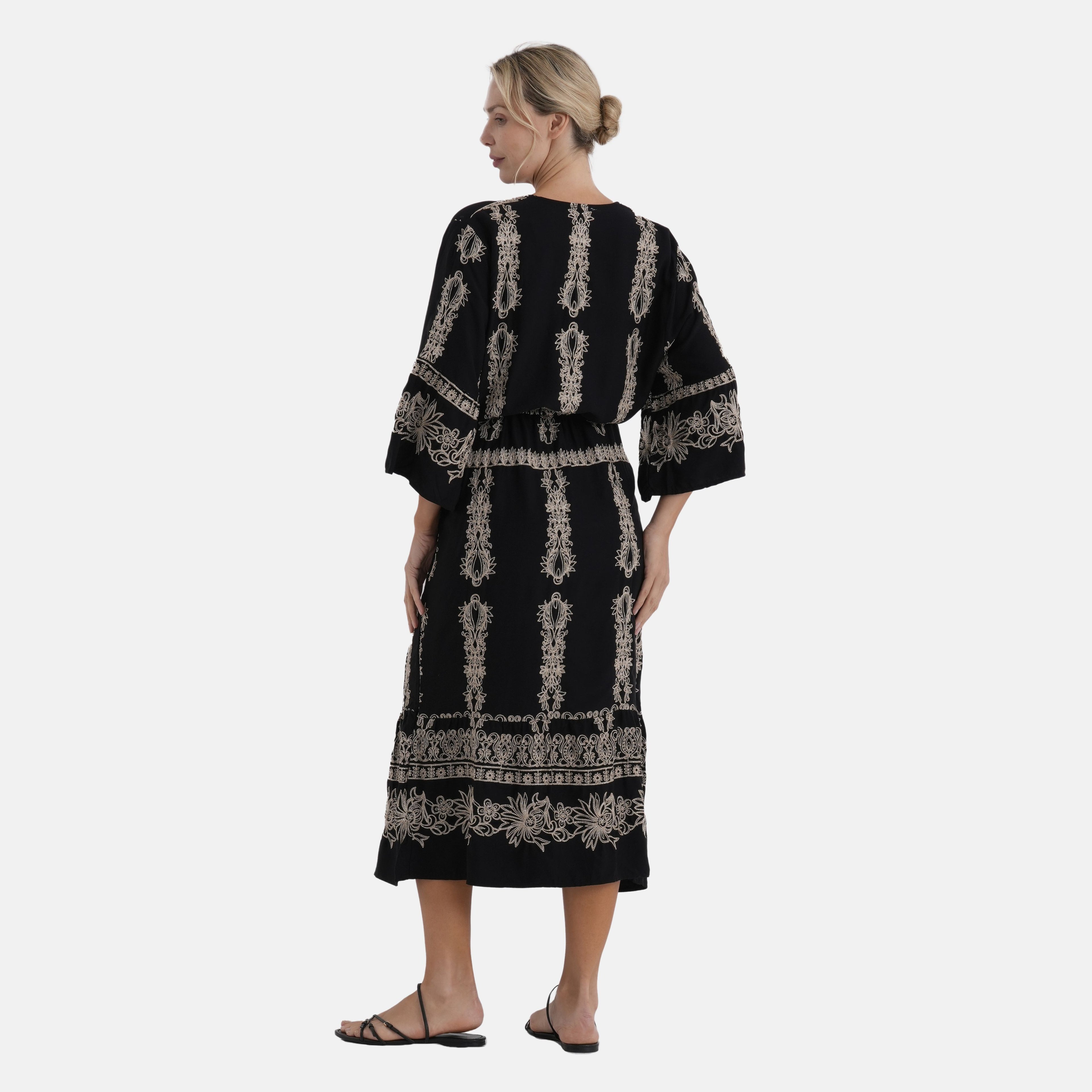 LA MAREY Baumwollkleid mit V Ausschnitt und elastischer Taille, Printdesign, Beige