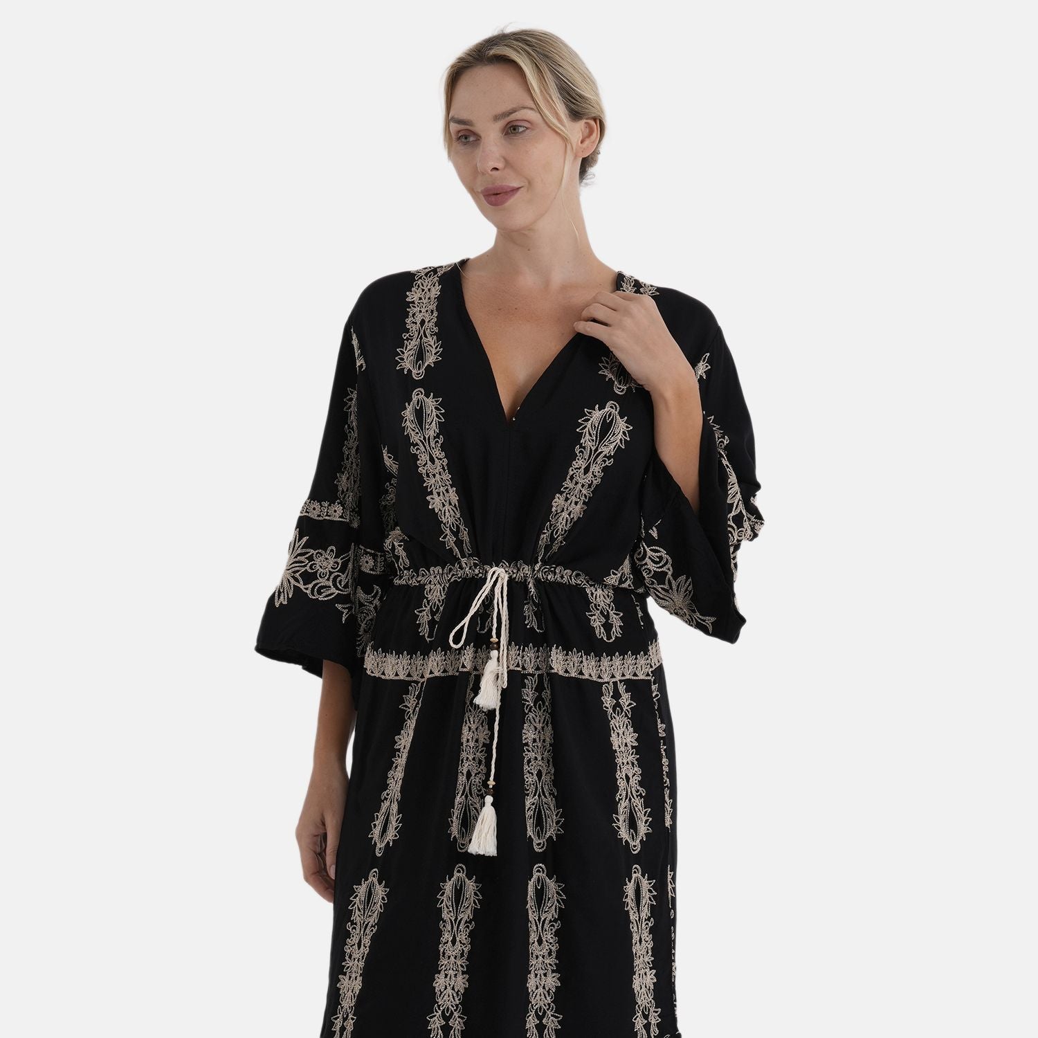 LA MAREY Baumwollkleid mit V Ausschnitt und elastischer Taille, Printdesign, Beige