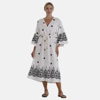 LA MAREY Baumwollkleid mit V Ausschnitt und elastischer Taille, Printdesign, 78 cm Brustweite, 128 cm Länge, bis zu Große XL, Schwarz