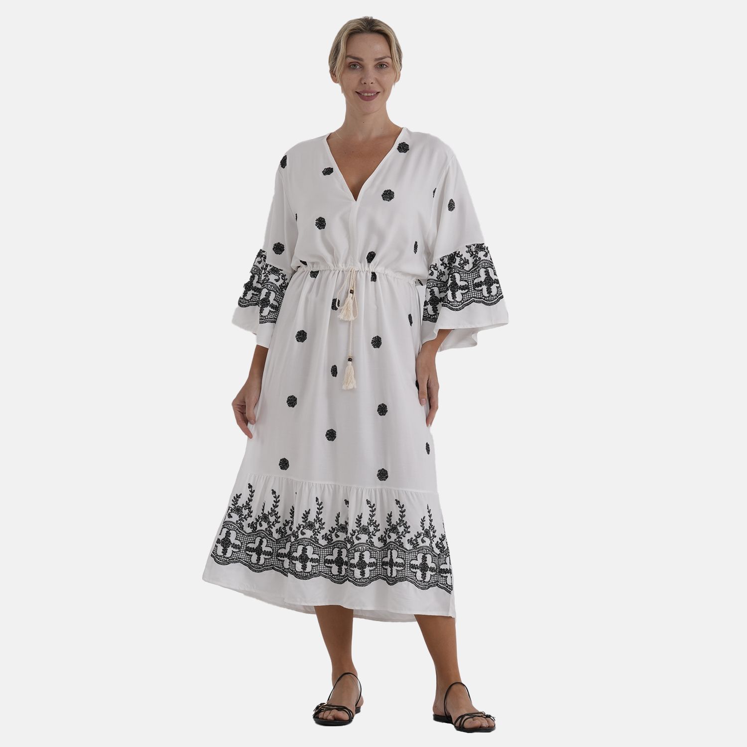 LA MAREY Baumwollkleid mit V Ausschnitt und elastischer Taille, Printdesign, 78 cm Brustweite, 128 cm Länge, bis zu Große XL, Schwarz