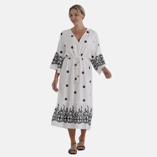 LA MAREY Baumwollkleid mit V Ausschnitt und elastischer Taille, Printdesign, 78 cm Brustweite, 128 cm Länge, bis zu Große XL, Weiß und Schwarz
