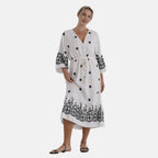 LA MAREY Baumwollkleid mit V Ausschnitt und elastischer Taille, Printdesign, 78 cm Brustweite, 128 cm Länge, bis zu Große XL, Schwarz