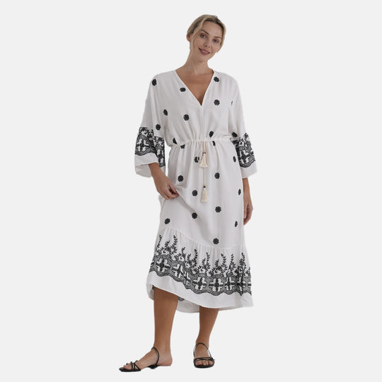 LA MAREY Baumwollkleid mit V Ausschnitt und elastischer Taille, Printdesign, 78 cm Brustweite, 128 cm Länge, bis zu Große XL, Weiß und Schwarz