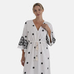 LA MAREY Baumwollkleid mit V Ausschnitt und elastischer Taille, Printdesign, 78 cm Brustweite, 128 cm Länge, bis zu Große XL, Schwarz