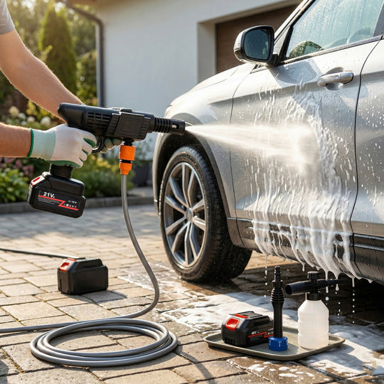 Kabelloser Akku-Hochdruckreiniger, 260 W, 2 Akkus je 6000 mAh, 5 m Wasserschlauch, Zubehör-Set, Schwarz