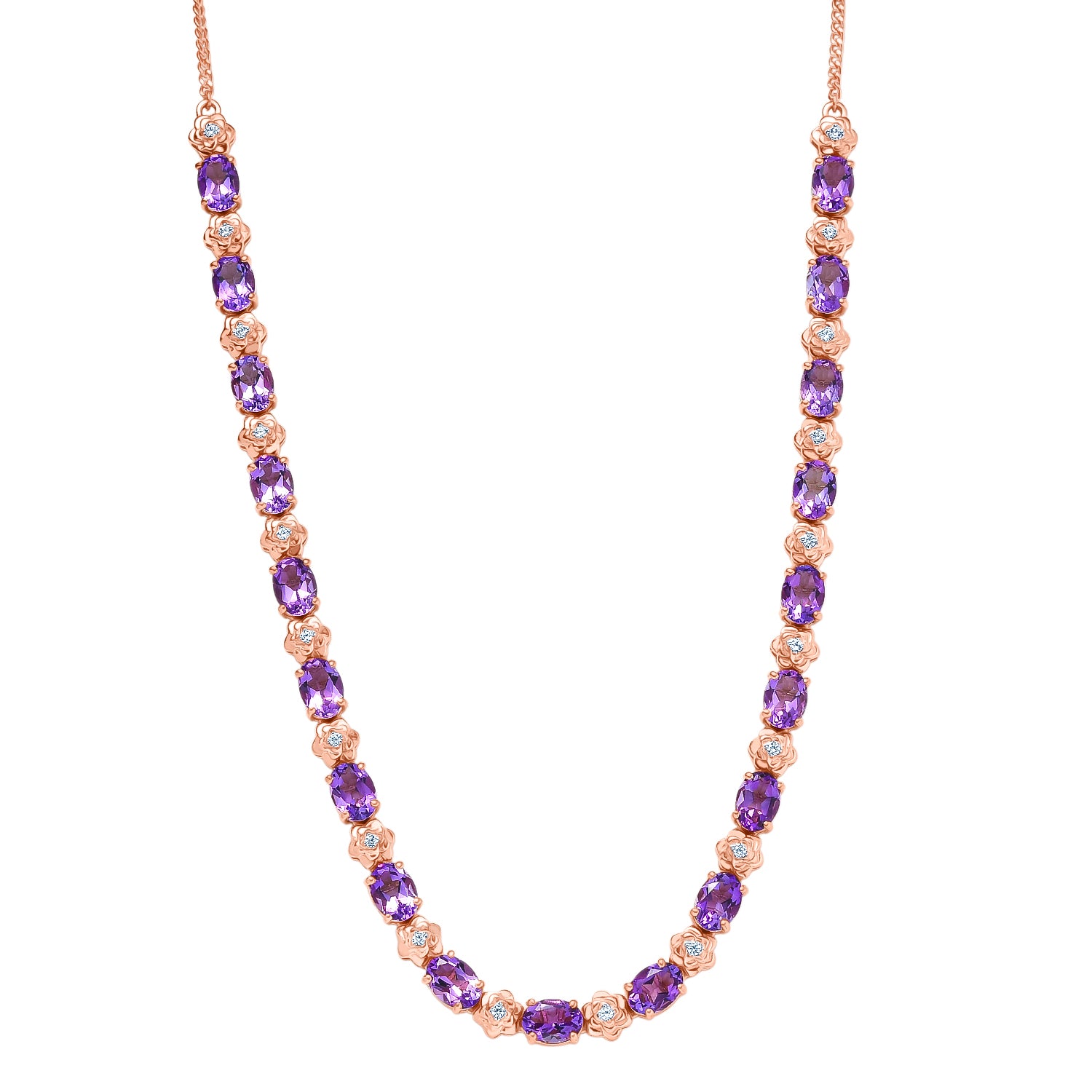 GP - AAA Rose De France Amethyst, Weißer Zirkon Halskette ca. 45 cm 925 Silber 750 Roségold Vermeil ca. 15,61 ct.