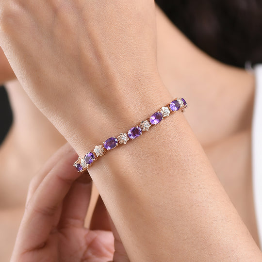 GP - AAA Rose De France Amethyst, Weißer Zirkon Armband ca. 19 cm 925 Silber 750 Roségold Vermeil ca. 12,92 ct.