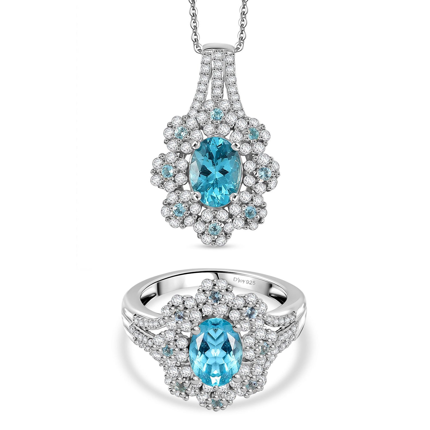 D'Joy AAA Betroka blauer Apatit und Moissanit Ring und Anhänger mit 50cm Kette