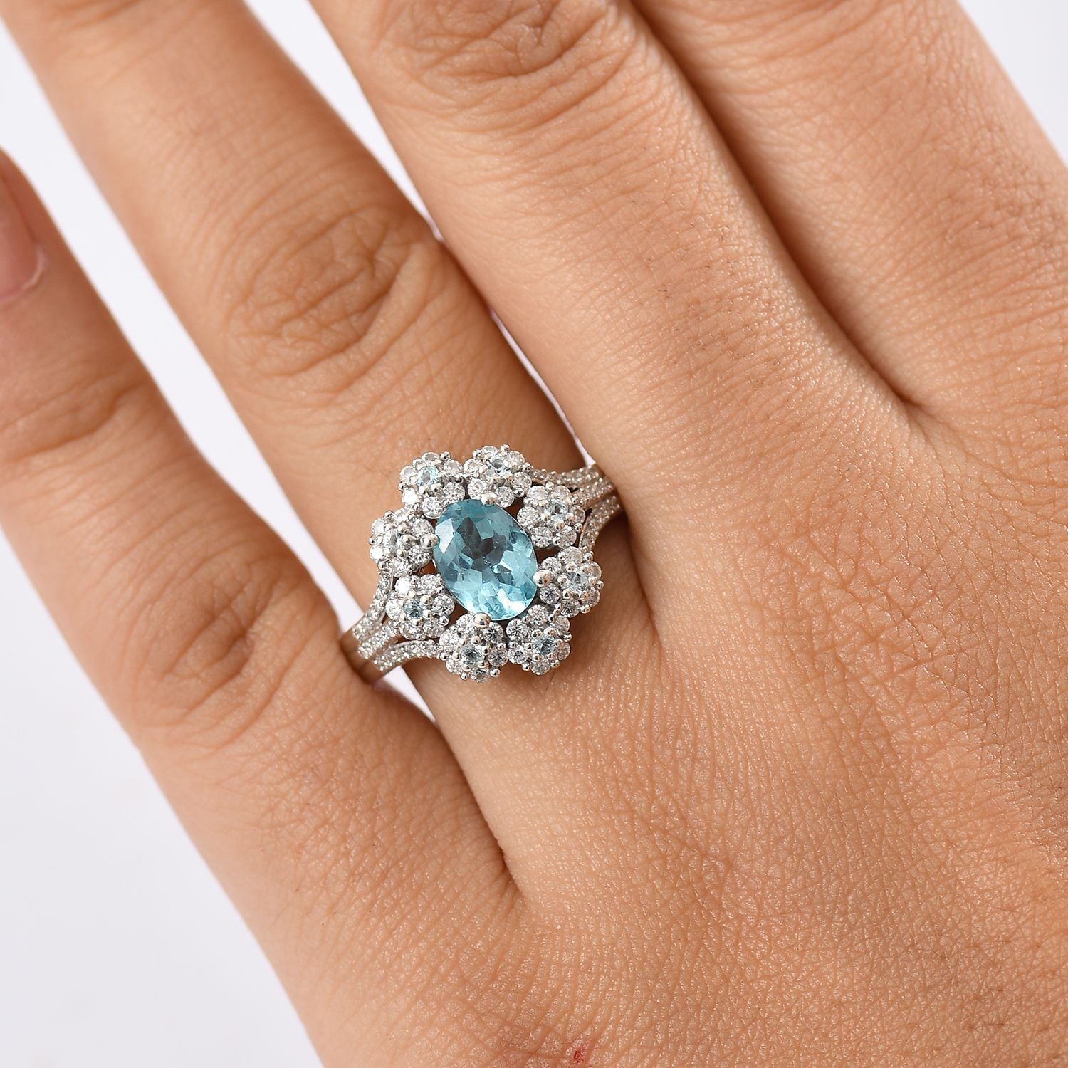 D'Joy AAA Betroka blauer Apatit und Moissanit Ring und Anhänger mit 50cm Kette