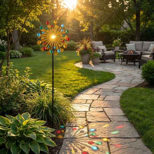 Solar Gartenstecker Windspiel mit LED Licht und Spinner, Eisen, 140 cm, Multicolor