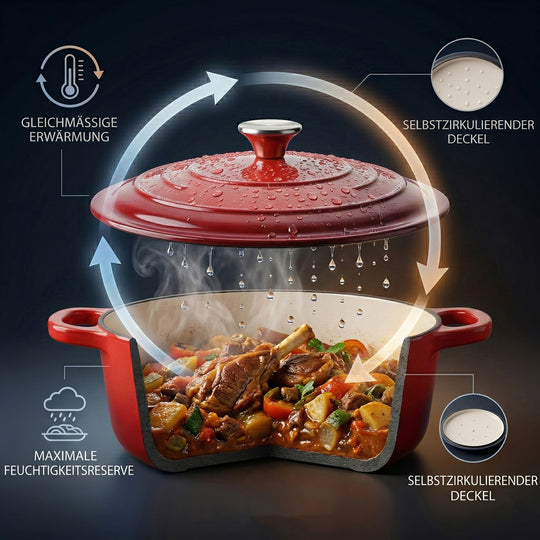 6-teiliges Gourmet-Kochgeschirr-Set aus massivem Gusseisen: Topf 20 cm, Dual-Topf 26 cm, ovaler Bräter 28 x 22 cm, Bräter 30 x 21 cm, Pfanne 16 cm und Untersetzer, Orange