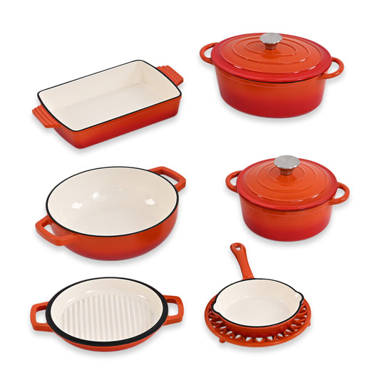 6-teiliges Gourmet-Kochgeschirr-Set aus massivem Gusseisen: Topf 20 cm, Dual-Topf 26 cm, ovaler Bräter 28 x 22 cm, Bräter 30 x 21 cm, Pfanne 16 cm und Untersetzer, Orange
