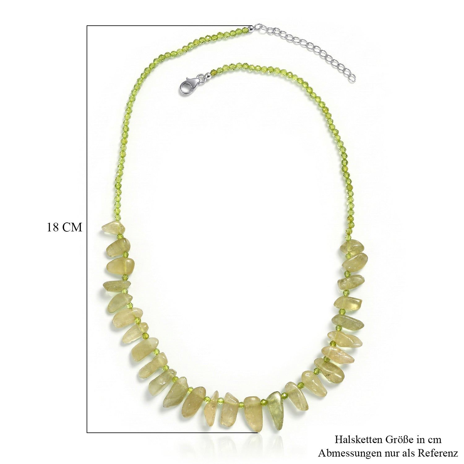 D'Joy Natürlicher grüner Kunzit, Peridot Halskette ca. 45 cm + 5 cm Extender, 925 Silber rhodiniert ca. 110,00 ct.
