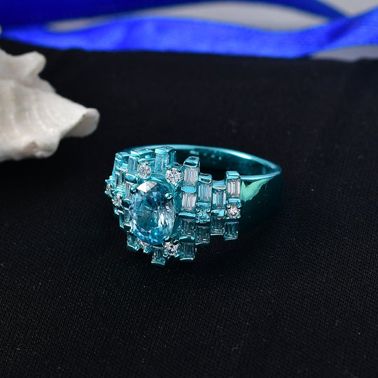 D'Joy AA Blauer Zirkon, Moissanit Ring 925 Silber Ion-Blau-Plattierung (Größe 18.00) ca. 3,12 ct