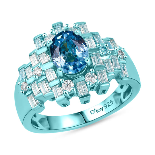 D'Joy AA Blauer Zirkon, Moissanit Ring 925 Silber Ion-Blau-Plattierung (Größe 18.00) ca. 3,12 ct
