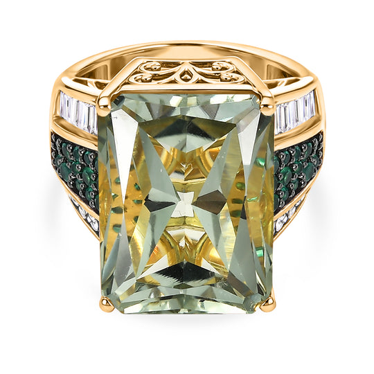 D'Joy Prasiolith, Moissanit Ring 925 Silber 750 Gelbgold Vermeil (Größe 19.00) ca. 16,83 ct