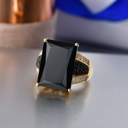 D'Joy Schwarzer Spinell, Moissanit Ring 925 Silber 750 Gelbgold Vermeil   (Größe 21.00) ca. 23.27 ct