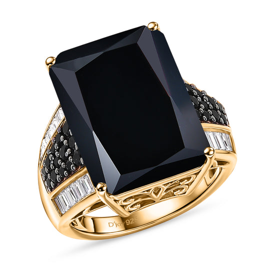D'Joy Schwarzer Spinell, Moissanit Ring 925 Silber 750 Gelbgold Vermeil   (Größe 21.00) ca. 23.27 ct
