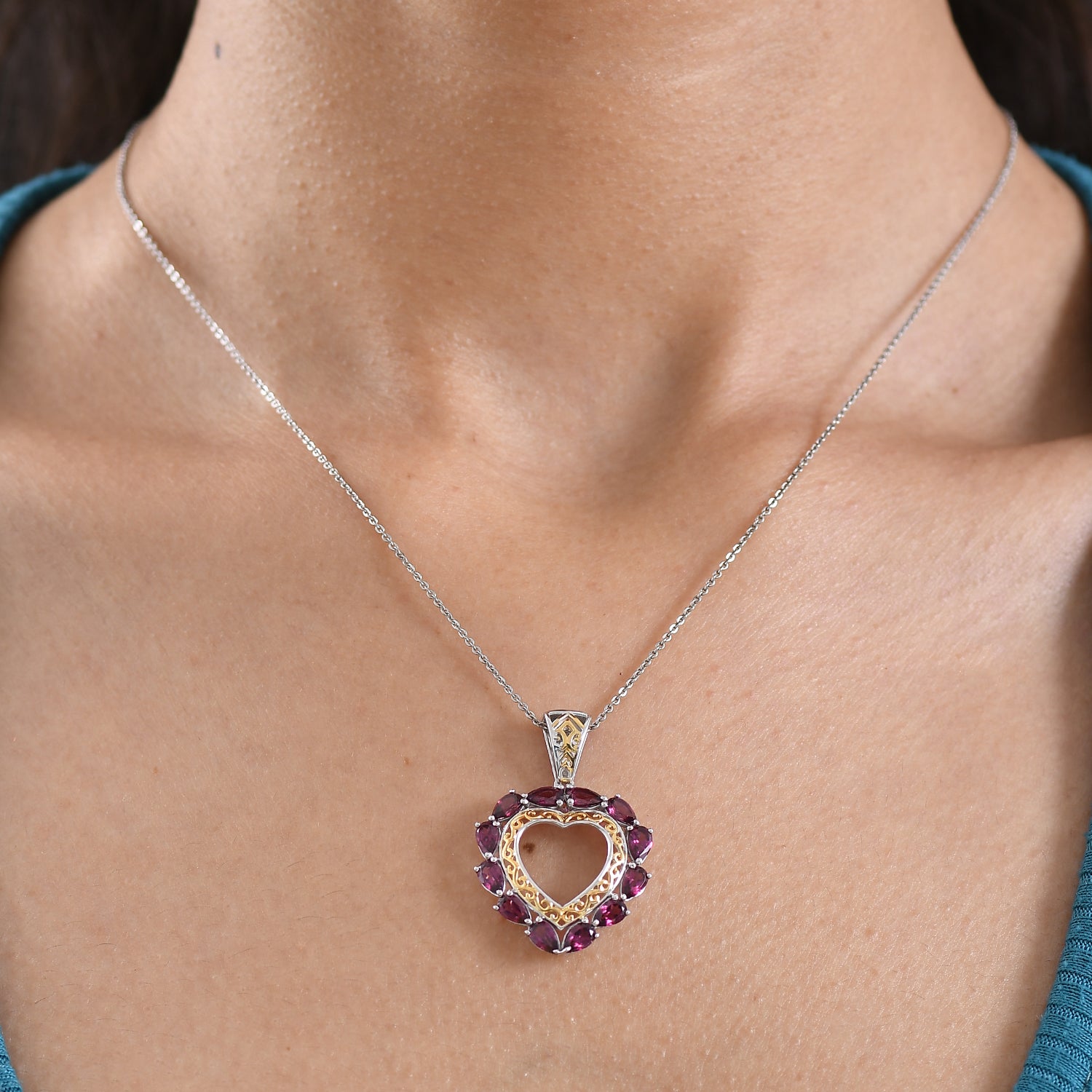 D'Joy AA Natürlicher Rhodolith Granat Anhänger 925 Silber platiniert und vergoldet ca. 3.11 ct