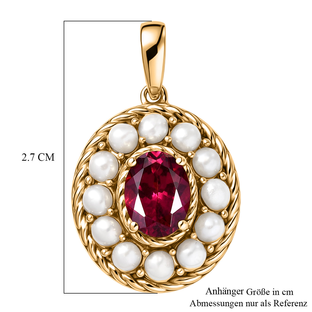 D'Joy AA Natürlicher Rhodolith Granat, Süßwasser Perle (2.75mm) Anhänger 925 Silber 750 Gelb Vergoldet