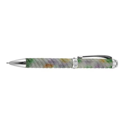 Roter natürlicher burmesischer Jadeit Kugelschreiber, fein geschnitzt im gedrehten Design, mit weißem Kristall und vergoldetem Legierungsmetall