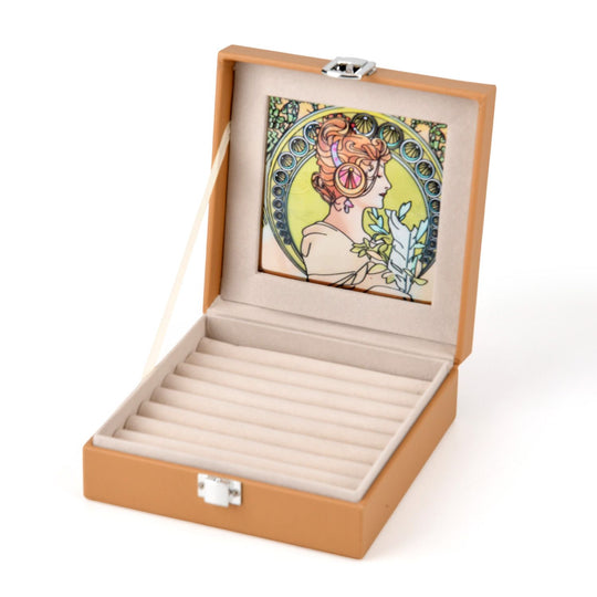 LIVMORE Designer-Ringbox mit handbemaltem Glasfenster im Art-Deco-Design, 16 x 16 x 6 cm, Beige