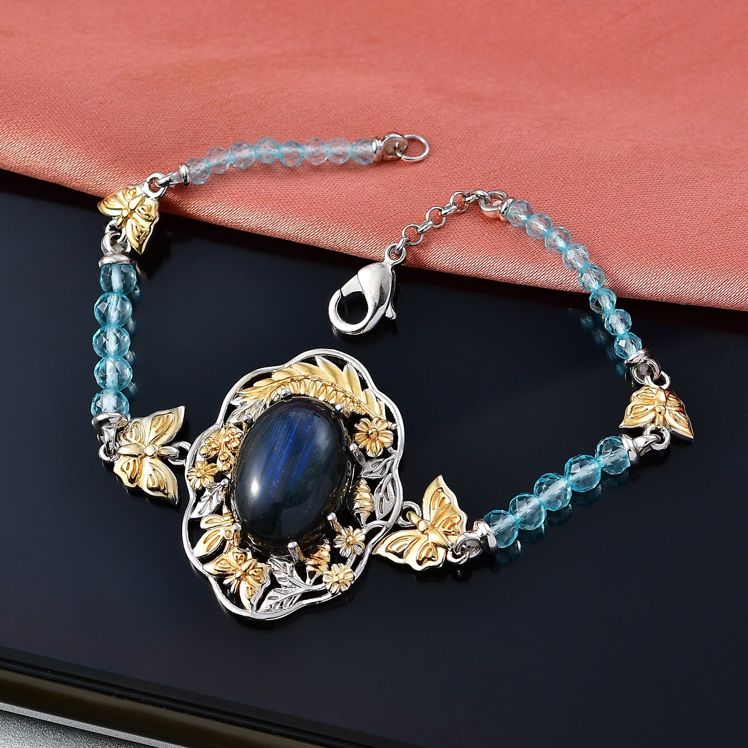 EVER TRUE AAA Labradorit, Apatit Armband ca. 19 cm Nickelfreies Messing Zweifarbige Beschichtung ca. 20.05 ct