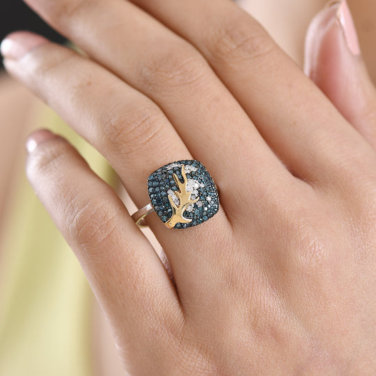 D'Joy Blauer Diamant, Weißer Diamant Ring 925 Silber Rhodiniert und 750 Gelbgold Vermeil (Größe 20.00) ca. 1.00 ct