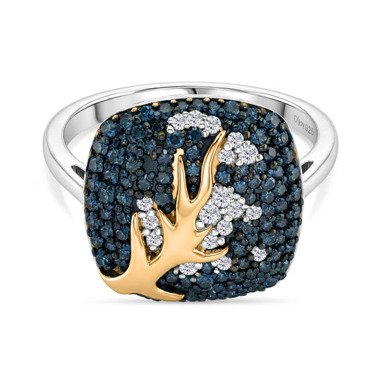 D'Joy Blauer Diamant, Weißer Diamant Ring 925 Silber Rhodiniert und 750 Gelbgold Vermeil (Größe 20.00) ca. 1.00 ct