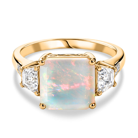 D'Joy AAA Natürlicher, äthiopischer Welo Opal, Moissanit Ring 925 Silber 750 Gelbgold Vermeil (Größe 20.00) ca. 3,04 ct